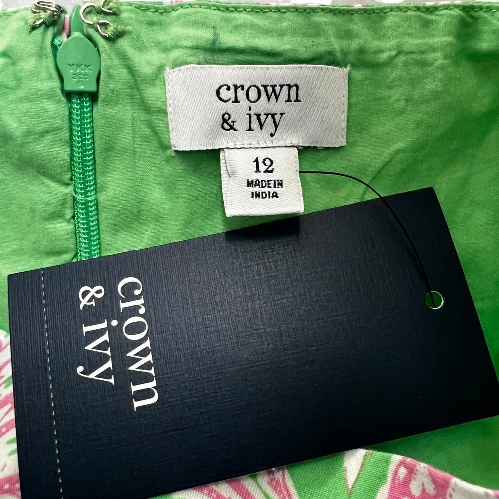 NWT Crown & Ivy Pink Pineapple Mini Dress Green Tropical Puff Sleeve Size 12 - Picture 7 of 7
